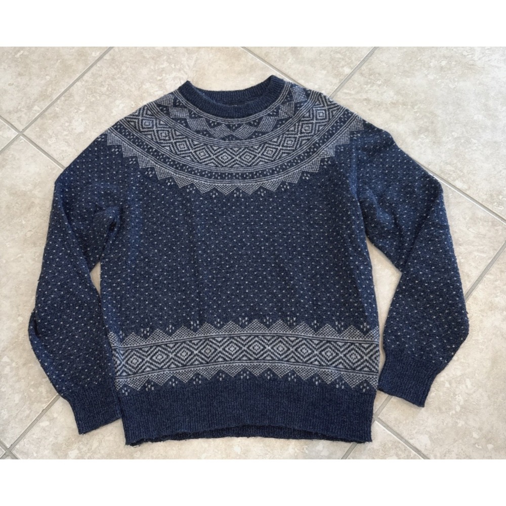 J Crew Mercantile Men's Size Small Navy Blue Fair Isle Wool Blend Sweater Preppy